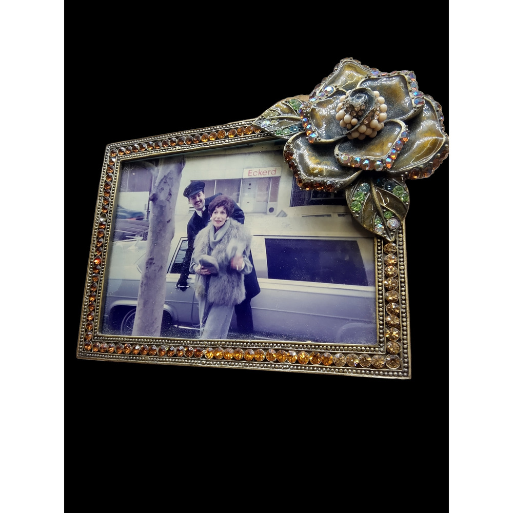Vintage PAPYRUS Jeweled Rhinestone 3.5x5 Picture Frame Enamel Flower